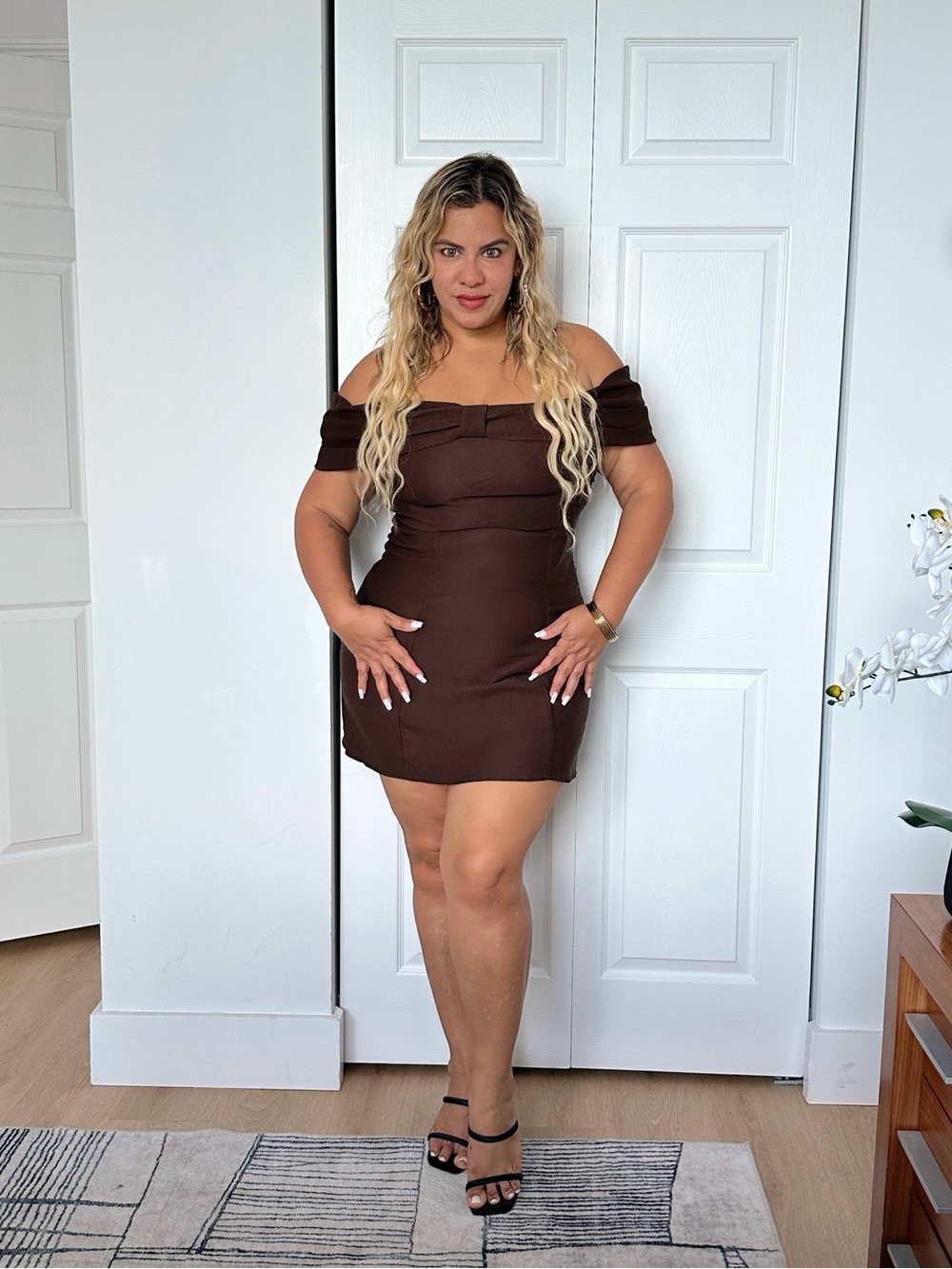 Women’s Chocolate Brown Off-Shoulder Bow Mini Dress Size XL – New